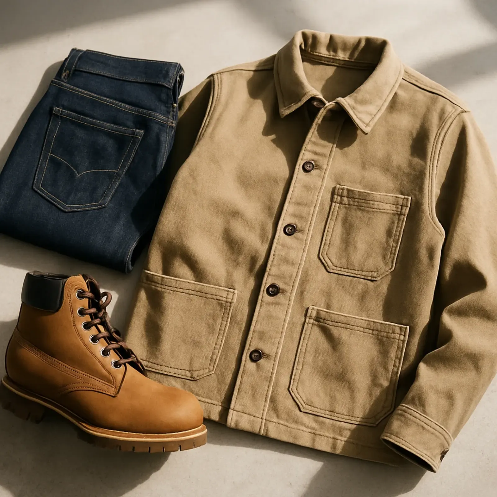 A tradesperson's worn Goodyear-welted work boots resting on a job-site tailgate, laces loosened after a long shift, with a canvas work jacket folded beside them